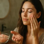 Žena s himalájskou soľou na pleti pre krásu a zdravie.