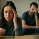 Žena s marihuanou, vyjadrujúca stres a úzkosť v prostredí s mužom.