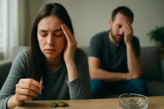 Žena s marihuanou, vyjadrujúca stres a úzkosť v prostredí s mužom.