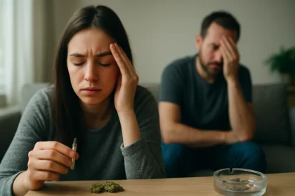 Žena s marihuanou, vyjadrujúca stres a úzkosť v prostredí s mužom.