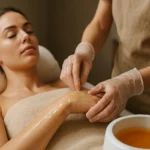 Žena podstupuje parafínový zábal na pokožku v kozmetickom salóne.