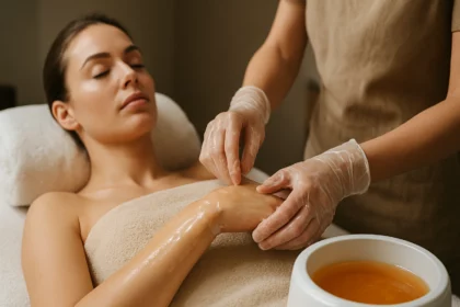 Žena podstupuje parafínový zábal na pokožku v kozmetickom salóne.