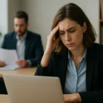 Žena v obleku pred počítačom vyzerá znepokojená, zatiaľ čo muž v pozadí číta dokumenty.