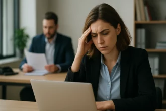 Žena v obleku pred počítačom vyzerá znepokojená, zatiaľ čo muž v pozadí číta dokumenty.