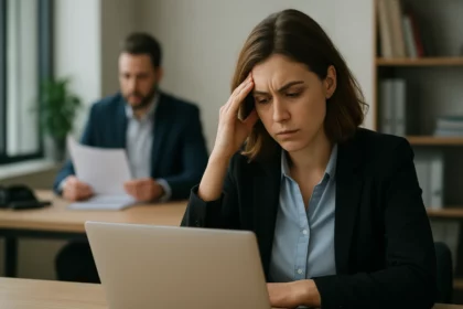 Žena v obleku pred počítačom vyzerá znepokojená, zatiaľ čo muž v pozadí číta dokumenty.