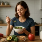 Žena si vychutnáva zdravý šalát bohatý na fenylalanín