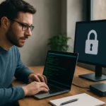 Muž pracujúci na laptopu s kódom a zámkom na obrazovke