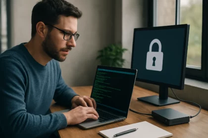 Muž pracujúci na laptopu s kódom a zámkom na obrazovke