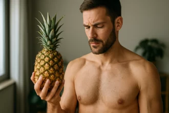 Muž drží ananás a zamýšľa nad jeho prínosmi pre zdravie.