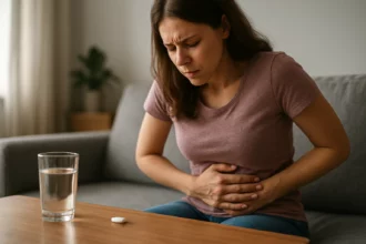 Žena trpiaca nadúvaním a užívajúca simetikónové tabletky.