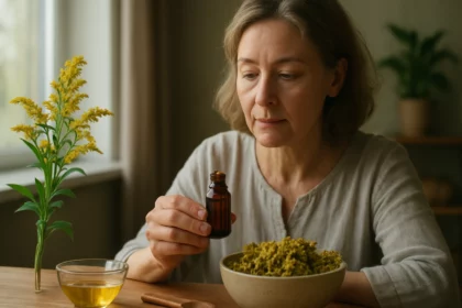 Žena skúma extrakt zo zlatobyľu a jeho účinky na zdravie.