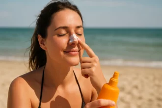 Žena aplikuje opaľovací krém na nos pri mori