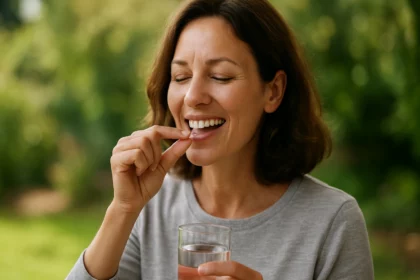 Žena berúca doplnok stravy s kremíkom pre zdravie a pohodu.