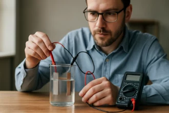 Muž vykonáva experiment s galvanickým článkom.