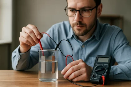Muž vykonáva experiment s galvanickým článkom.