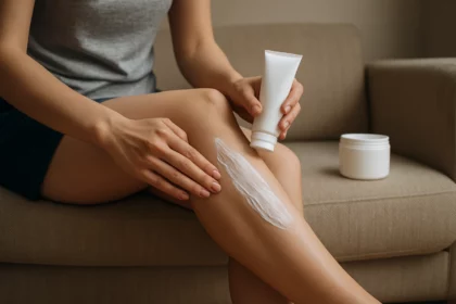 Depilačný krém aplikovaný na nohy pre hladkú pokožku.