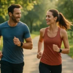 Dva bežci sa usmievajú pri behu v prírode.