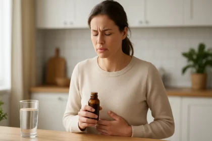 Žena s liekom Cholagol, podporou pre zdravie žlčníka.