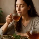 Žena si vychutnáva rebríčkový čaj pre hormonálnu rovnováhu.