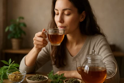 Žena si vychutnáva rebríčkový čaj pre hormonálnu rovnováhu.