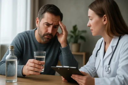 Muž s pohárom vody počas konzultácie s lekárkou o zdraví.