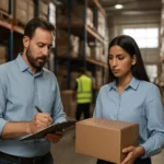 Zamestnanci v sklade kontrolujú zásoby a vychystávajú tovar.