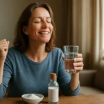 Žena sa usmieva a drží pohár vody so zdravým práškom v pozadí.