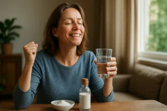 Žena sa usmieva a drží pohár vody so zdravým práškom v pozadí.
