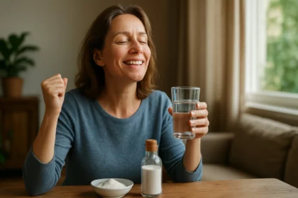Žena sa usmieva a drží pohár vody so zdravým práškom v pozadí.