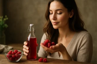 Žena s malinovým octom a malinami v ruke, symbol prírody a krásy.