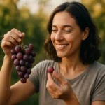 Žena sa usmieva, keď drží hrozno v ruke v prírode