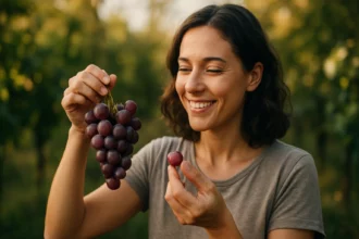 Žena sa usmieva, keď drží hrozno v ruke v prírode