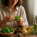 Žena pracuje s liečivými rastlinami a bylinkami na drevenom stole.