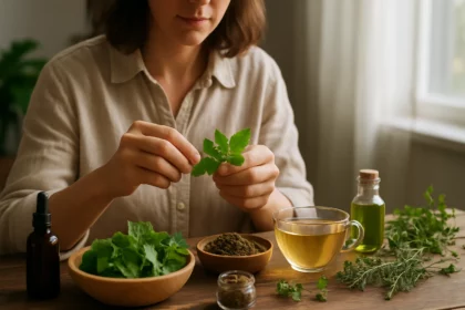 Žena pracuje s liečivými rastlinami a bylinkami na drevenom stole.