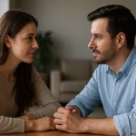 Pár udržiava očný kontakt pri rozhovore za stolom.