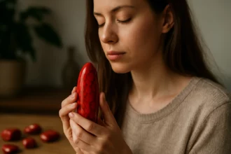 Žena meditujúca s červeným howlitem pre emocionálnu rovnováhu