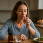 Žena užíva doplnok stravy pri zdravom jedle