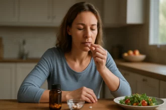 Žena užíva doplnok stravy pri zdravom jedle