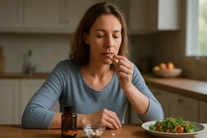 Žena užíva doplnok stravy pri zdravom jedle