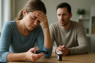 Žena trpiaca hypoglykémiou a muž ju podporuje.