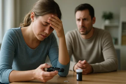 Žena trpiaca hypoglykémiou a muž ju podporuje.