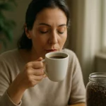 Žena si vychutnáva bezkofeínovú kávu pri okne.