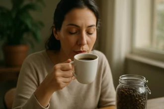 Žena si vychutnáva bezkofeínovú kávu pri okne.