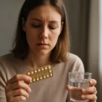 Žena so slabým výrazom drží antikoncepčné tabletky a pohár vody.