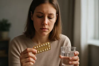 Žena so slabým výrazom drží antikoncepčné tabletky a pohár vody.