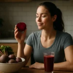 Žena s cviklou a smoothie, symbolizuje zdravotné prínosy cvikly.