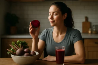 Žena s cviklou a smoothie, symbolizuje zdravotné prínosy cvikly.
