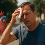 Muž sa potí počas horúčav, s modelom srdca v pozadí.