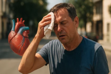 Muž sa potí počas horúčav, s modelom srdca v pozadí.