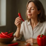 Žena si užíva čili papričky a ich vôňu.